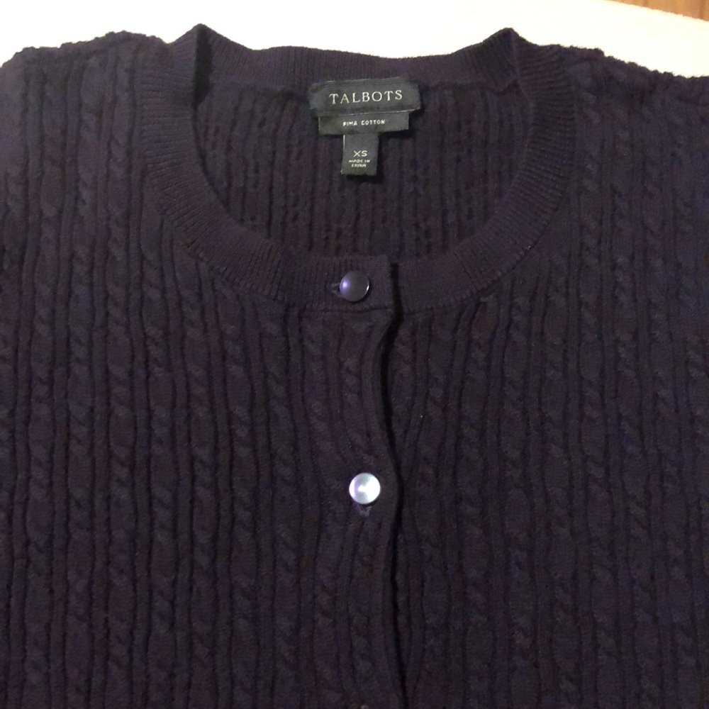 Talbots Pima cotton mini-cable knit cardigan, plum color. Like New!